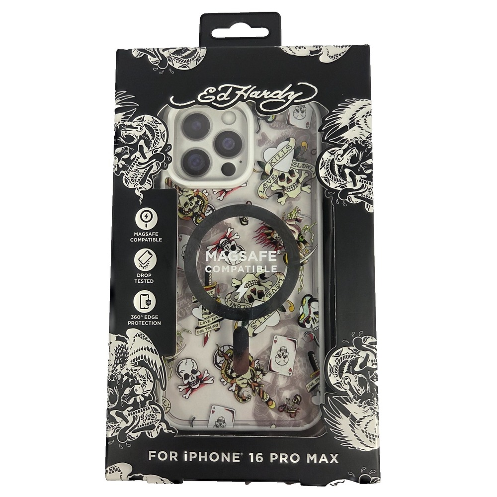 Ed Hardy iPhone 16 Pro Max Case MagSafe Tattoo Skull Hearts Clear New